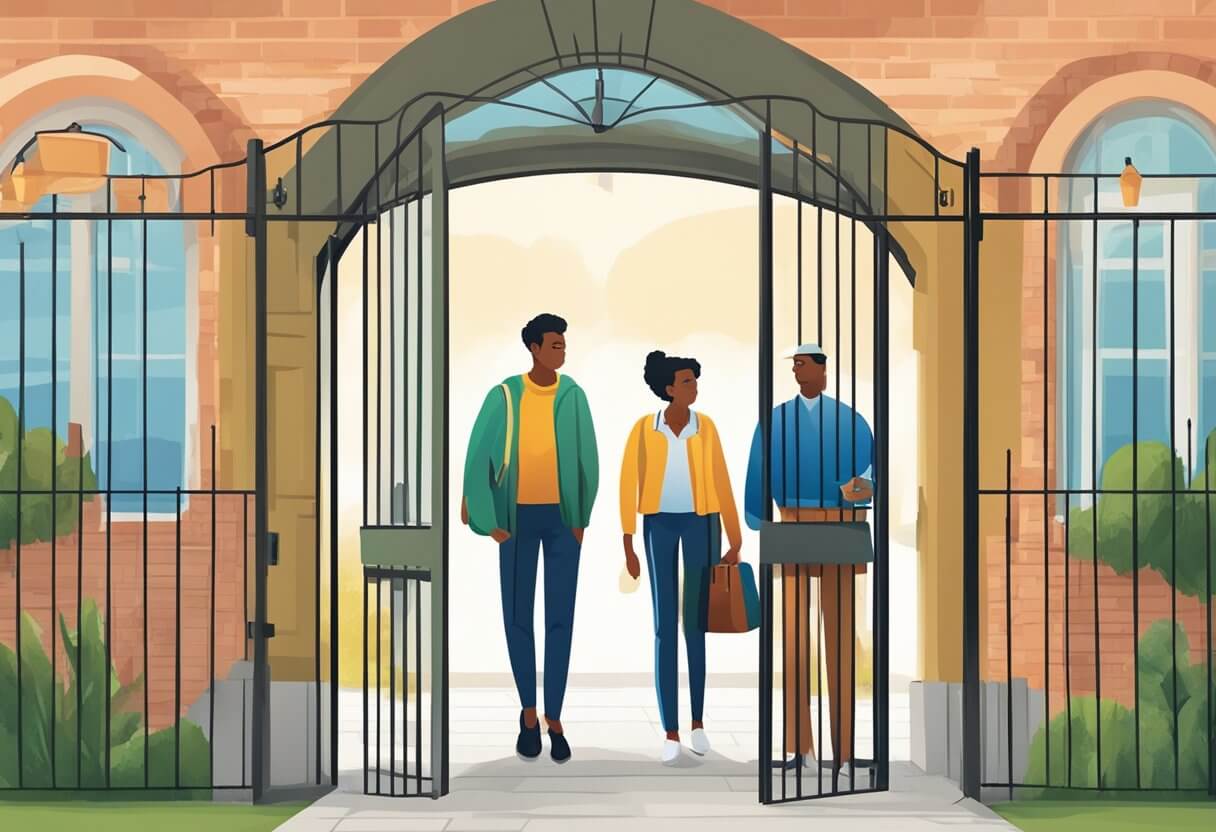 A person with a low credit score is denied entry to a gated community, while another person with a high credit score is welcomed in